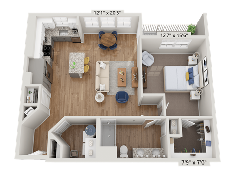Floor plan for 1 bed, 1 bath, 885 sqft